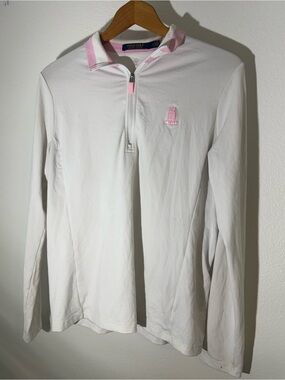 Polo Ralph Lauren Golf Women Large White Pink Trim Quarter Zip Long Sleeve Top